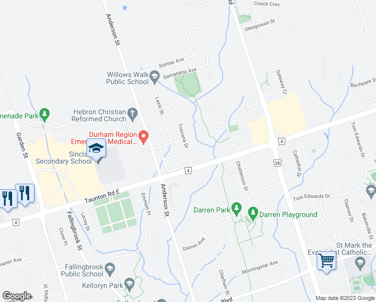 map of restaurants, bars, coffee shops, grocery stores, and more near 74 Toscana Dr in Whitby
