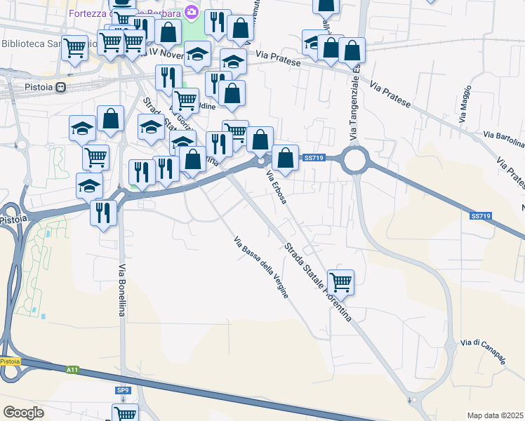 map of restaurants, bars, coffee shops, grocery stores, and more near 115 Strada Statale Fiorentina in Pistoia