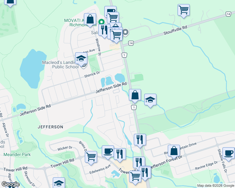 map of restaurants, bars, coffee shops, grocery stores, and more near 39 Jefferson Side Road in Richmond Hill