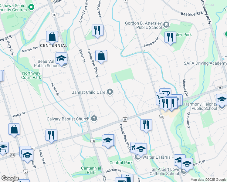 map of restaurants, bars, coffee shops, grocery stores, and more near in Oshawa