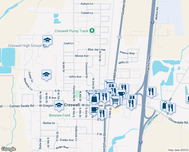 map of restaurants, bars, coffee shops, grocery stores, and more near 420 North 2nd Street in Creswell