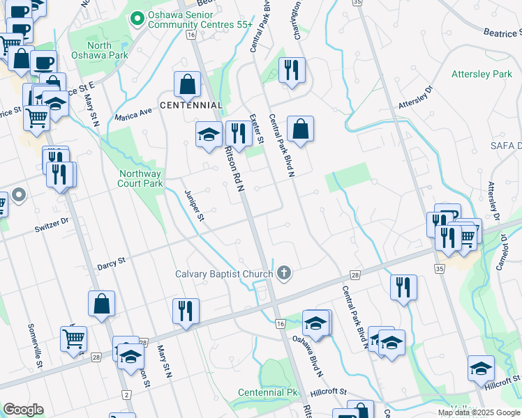 map of restaurants, bars, coffee shops, grocery stores, and more near 266 Darcy Street in Oshawa