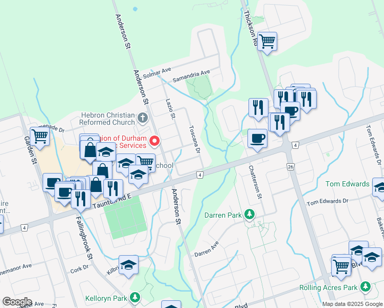 map of restaurants, bars, coffee shops, grocery stores, and more near 61 Toscana Drive in Whitby