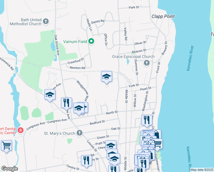 map of restaurants, bars, coffee shops, grocery stores, and more near 3 Wright Drive in Bath