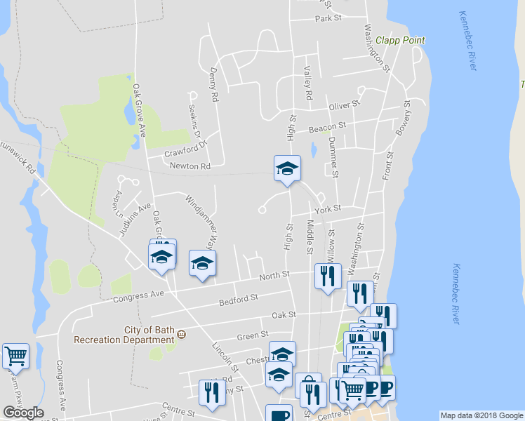 map of restaurants, bars, coffee shops, grocery stores, and more near 3 Wright Drive in Bath
