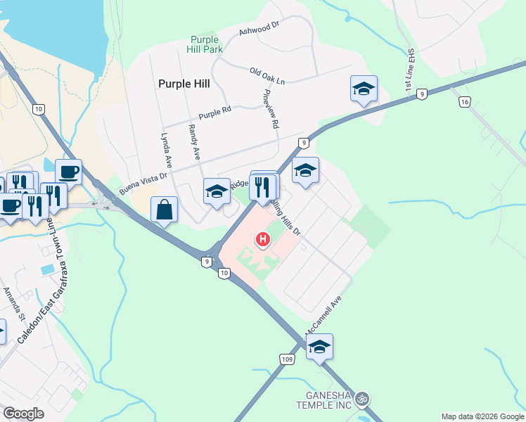 map of restaurants, bars, coffee shops, grocery stores, and more near 50 Rolling Hills Drive in Orangeville