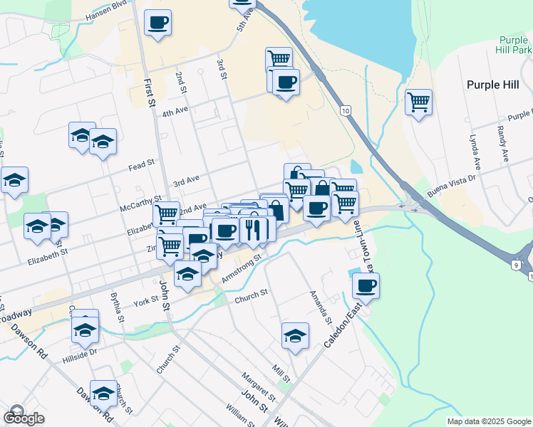 map of restaurants, bars, coffee shops, grocery stores, and more near 53 1st Avenue in Orangeville