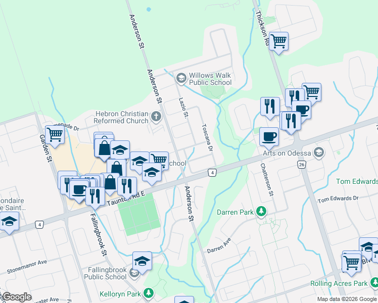 map of restaurants, bars, coffee shops, grocery stores, and more near 1 Toscana Drive in Whitby