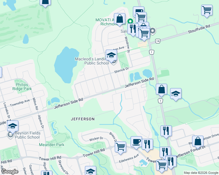 map of restaurants, bars, coffee shops, grocery stores, and more near 23 Braehead Drive in Richmond Hill
