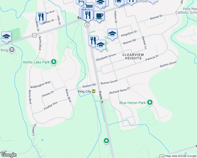 map of restaurants, bars, coffee shops, grocery stores, and more near 12727 Keele Street in King City