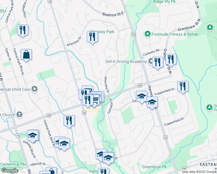 map of restaurants, bars, coffee shops, grocery stores, and more near 697 Attersley Drive in Oshawa
