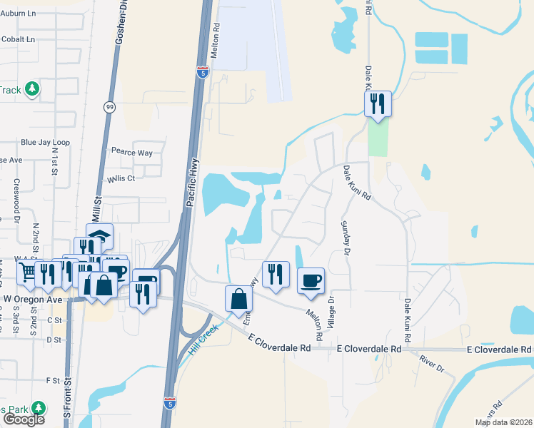 map of restaurants, bars, coffee shops, grocery stores, and more near 395 Ironwood Loop in Creswell