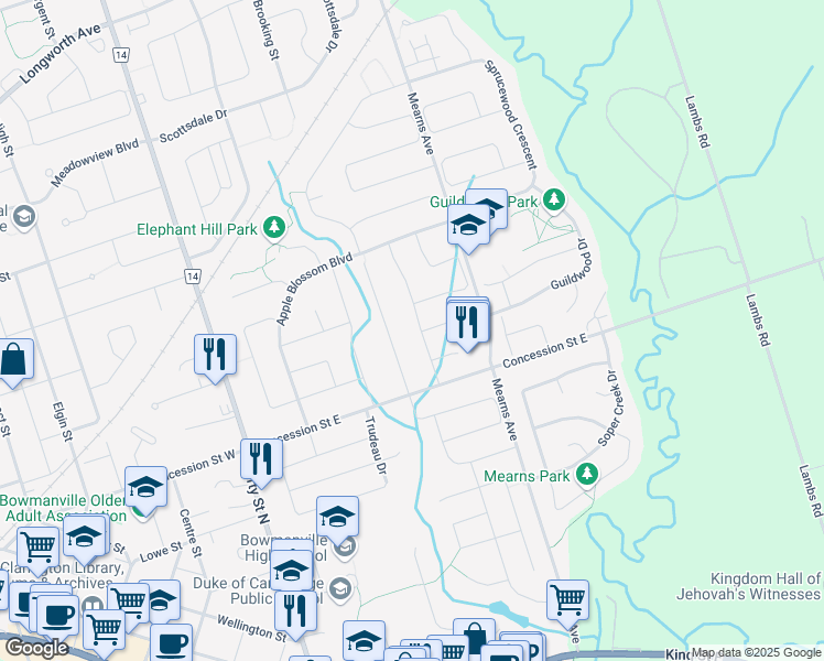 map of restaurants, bars, coffee shops, grocery stores, and more near 38 Kershaw Street in Bowmanville