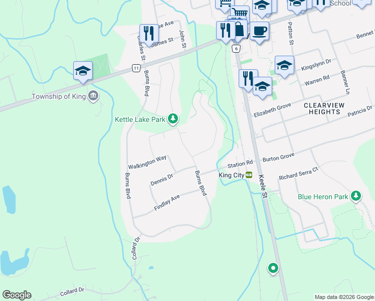 map of restaurants, bars, coffee shops, grocery stores, and more near 62 Langdon Drive in King City