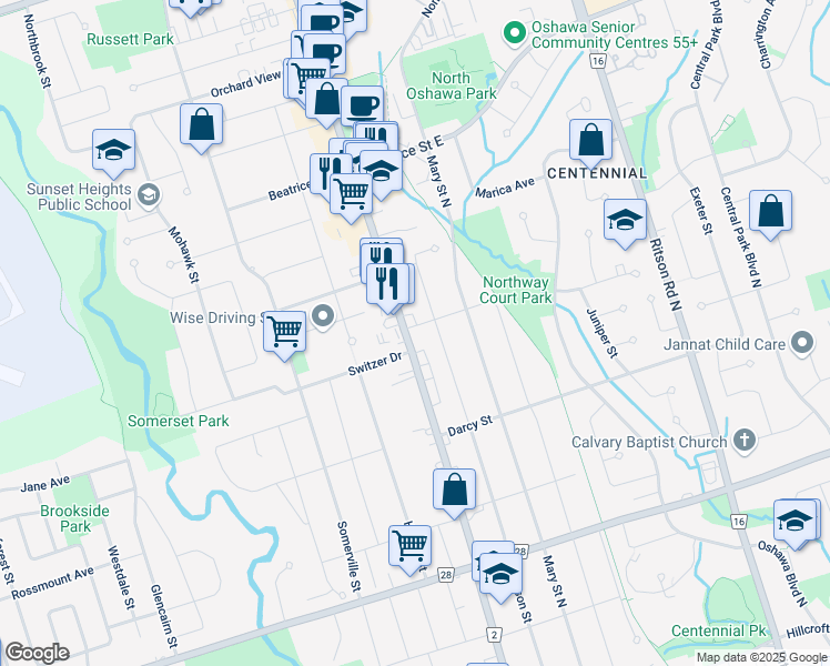 map of restaurants, bars, coffee shops, grocery stores, and more near in Oshawa