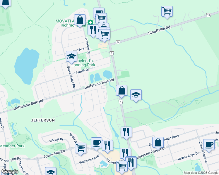 map of restaurants, bars, coffee shops, grocery stores, and more near 39 Jefferson Side Road in Richmond Hill