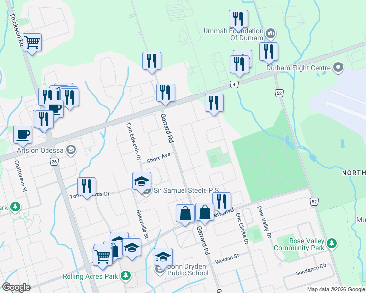 map of restaurants, bars, coffee shops, grocery stores, and more near 82 Bridlewood Boulevard in Whitby