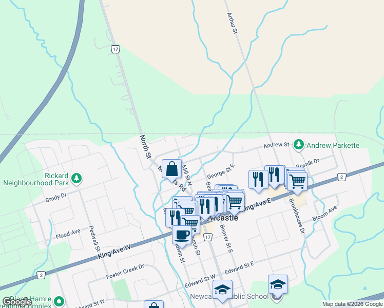 map of restaurants, bars, coffee shops, grocery stores, and more near 32 Andrew Street in Newcastle