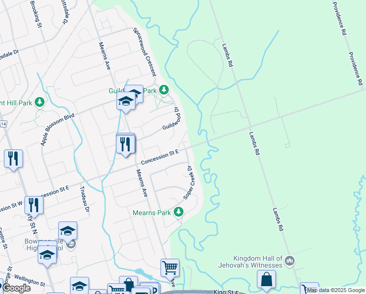 map of restaurants, bars, coffee shops, grocery stores, and more near 114 Concession Street East in Bowmanville