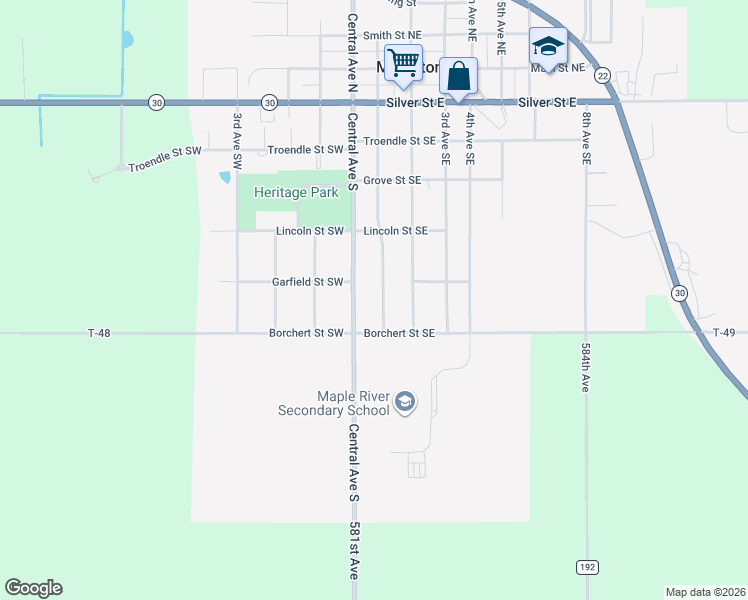 map of restaurants, bars, coffee shops, grocery stores, and more near 505 1st Avenue Southeast in Mapleton
