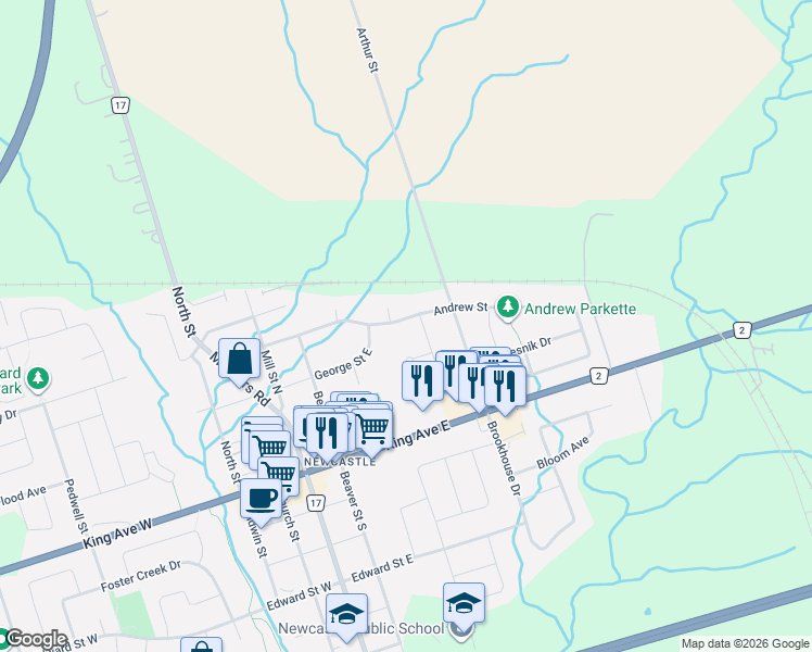 map of restaurants, bars, coffee shops, grocery stores, and more near 149 Andrew Street in Clarington
