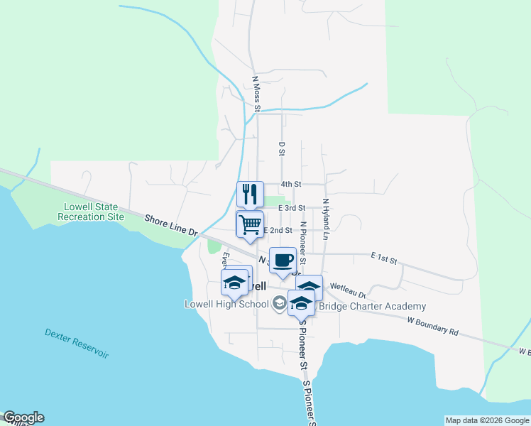 map of restaurants, bars, coffee shops, grocery stores, and more near 26 East 3rd Street in Lowell