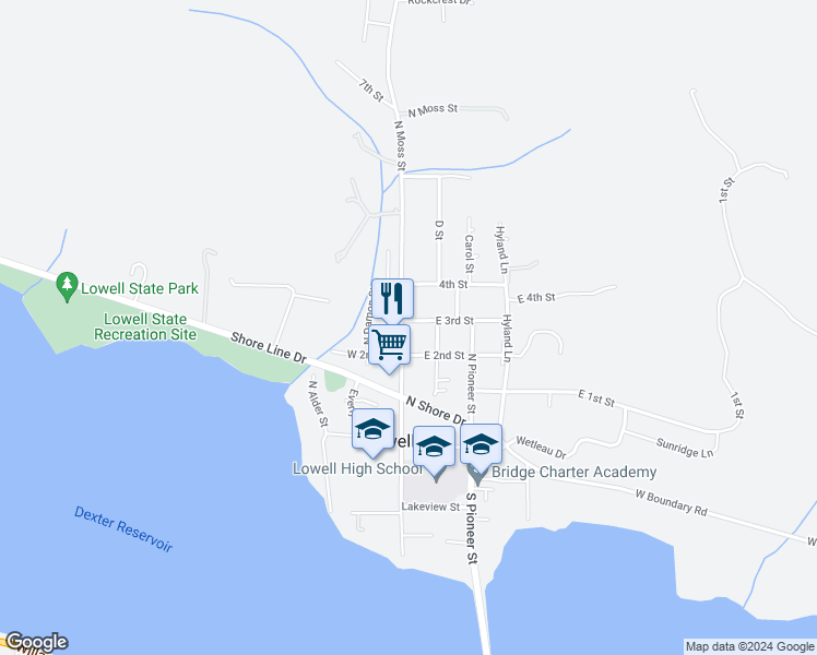 map of restaurants, bars, coffee shops, grocery stores, and more near 2 East 3rd Street in Lowell
