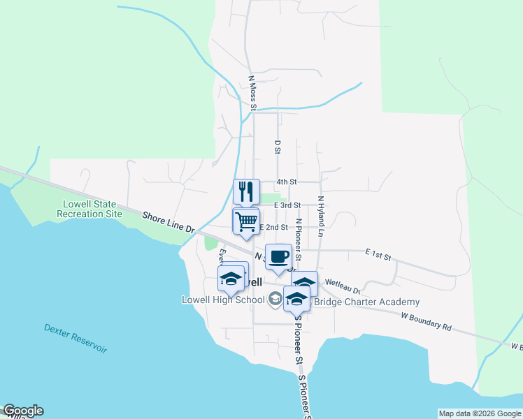 map of restaurants, bars, coffee shops, grocery stores, and more near 26 East 3rd Street in Lowell