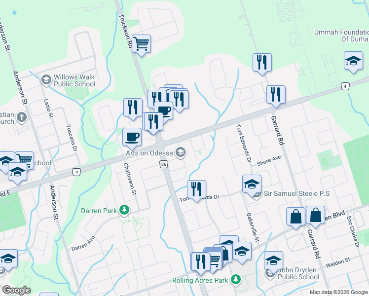 map of restaurants, bars, coffee shops, grocery stores, and more near 95 Cathedral Drive in Whitby