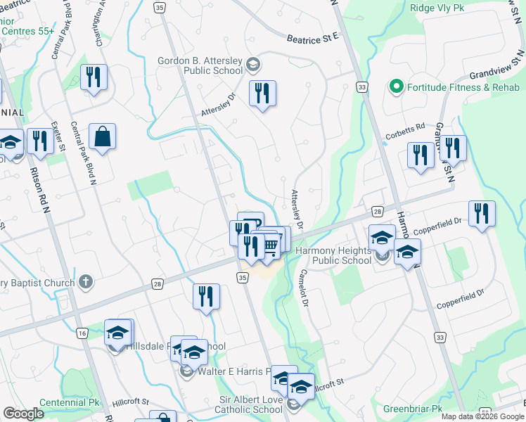 map of restaurants, bars, coffee shops, grocery stores, and more near 725 Cricklewood Drive in Oshawa