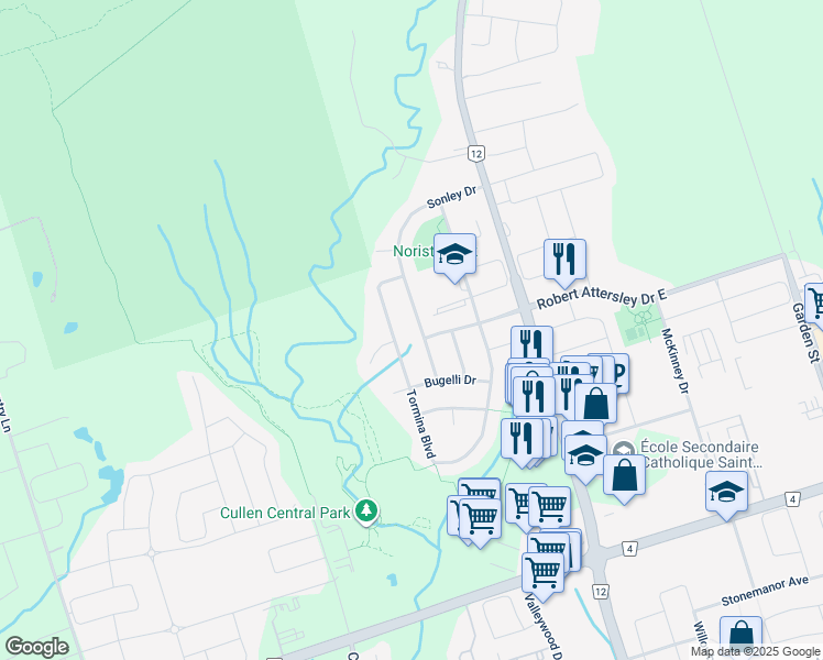 map of restaurants, bars, coffee shops, grocery stores, and more near 18 Sonley Drive in Whitby