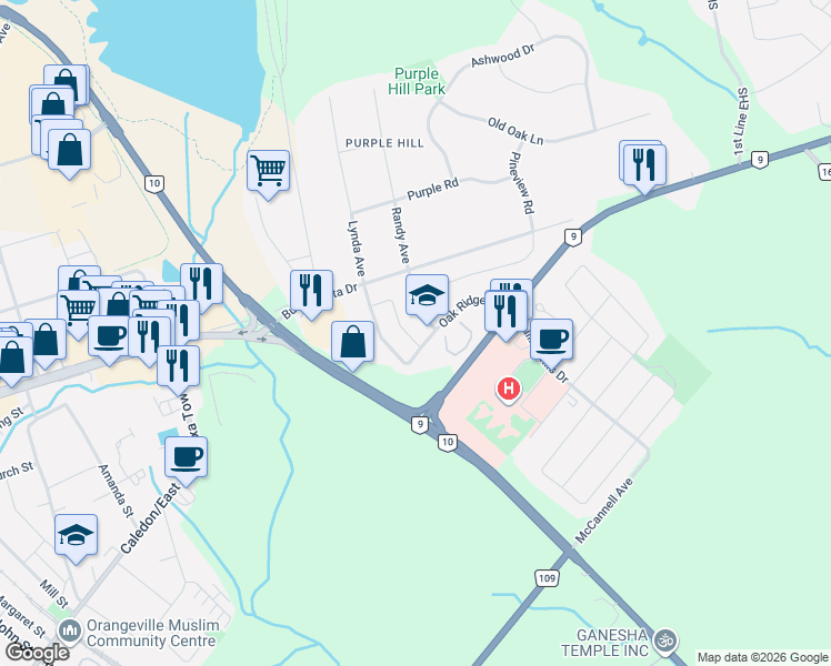 map of restaurants, bars, coffee shops, grocery stores, and more near 4 Graham Crescent in Orangeville