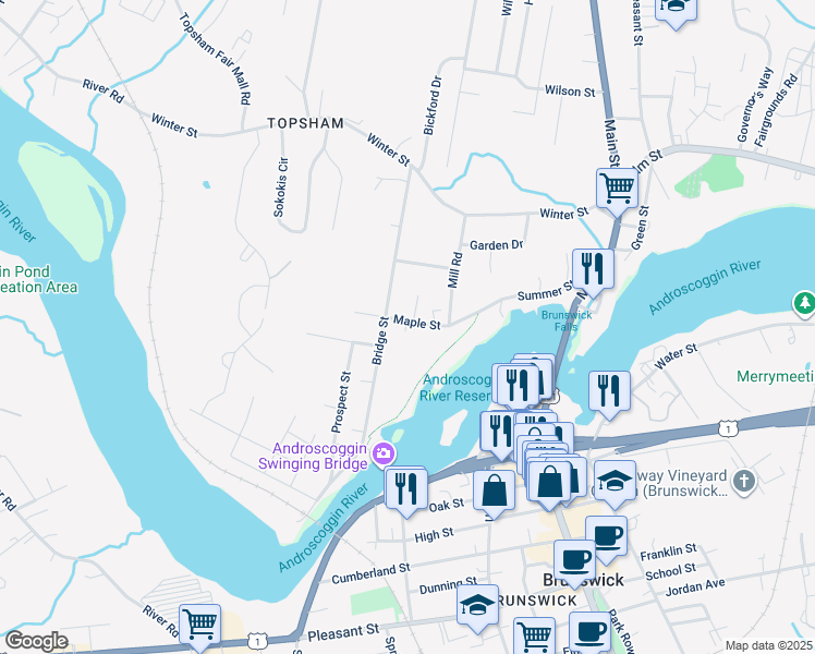 map of restaurants, bars, coffee shops, grocery stores, and more near 9 Maple Street in Topsham