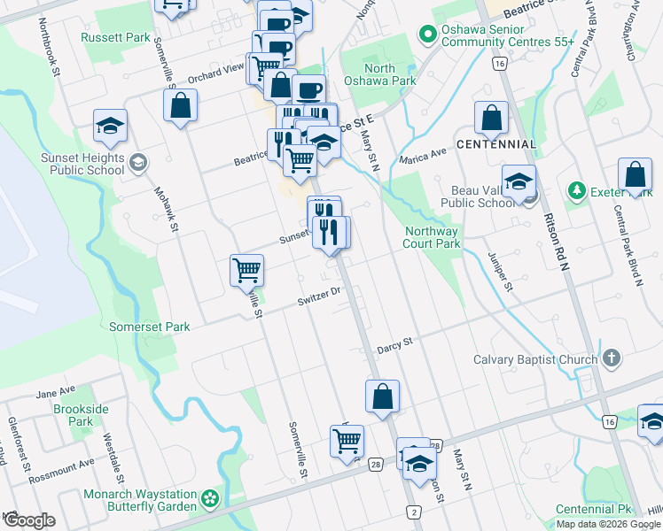 map of restaurants, bars, coffee shops, grocery stores, and more near 922 Simcoe Street North in Oshawa