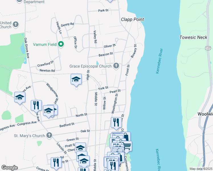 map of restaurants, bars, coffee shops, grocery stores, and more near 32 York Street in Bath
