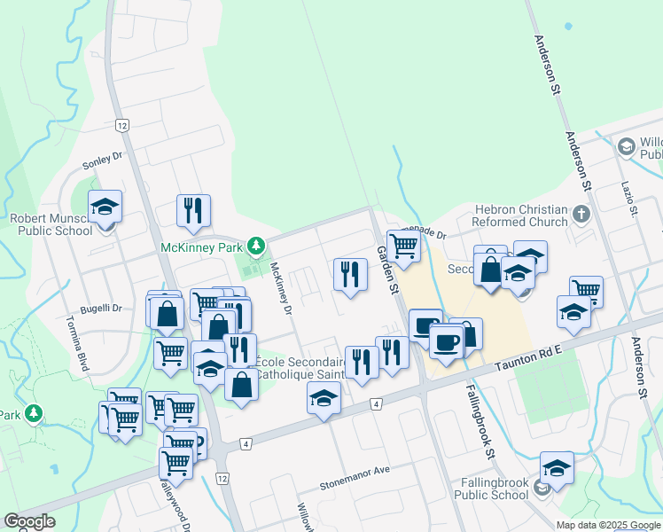 map of restaurants, bars, coffee shops, grocery stores, and more near 59 Seven Oaks Street in Whitby