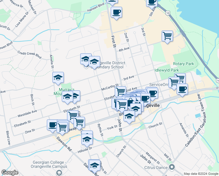 map of restaurants, bars, coffee shops, grocery stores, and more near 10 McCarthy Street in Orangeville