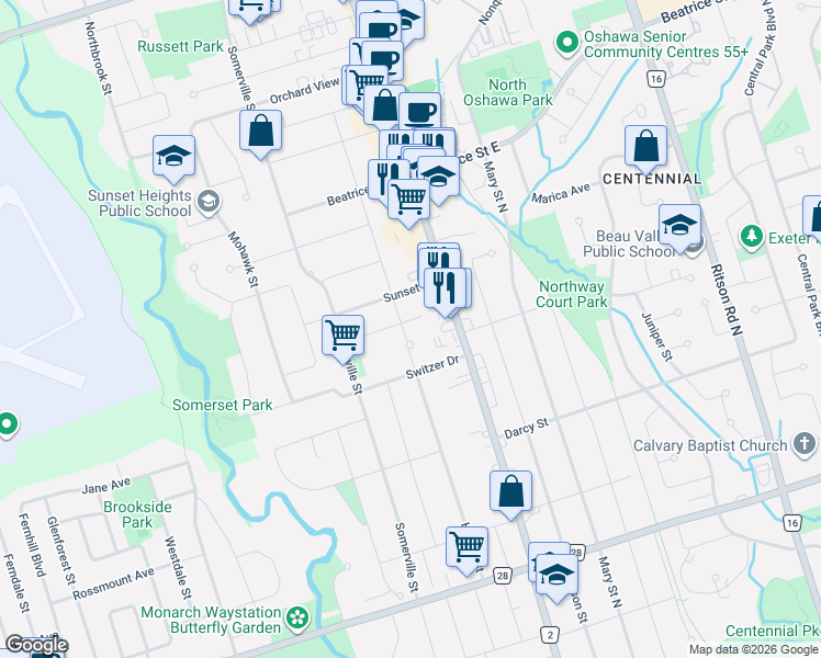 map of restaurants, bars, coffee shops, grocery stores, and more near in Oshawa