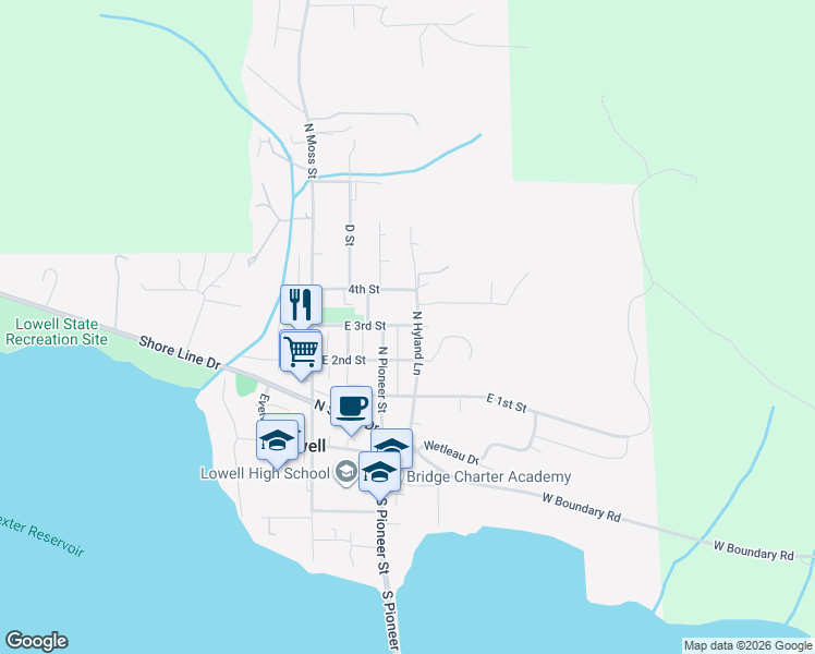 map of restaurants, bars, coffee shops, grocery stores, and more near 443 North Hyland Lane in Lowell