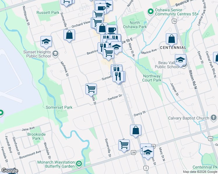 map of restaurants, bars, coffee shops, grocery stores, and more near 47 Churchill Avenue in Oshawa