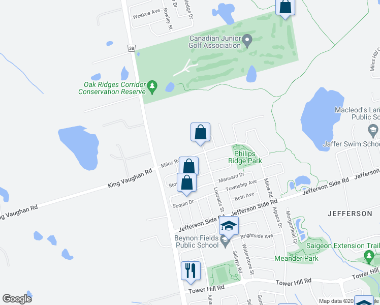 map of restaurants, bars, coffee shops, grocery stores, and more near 147 Milos Road in Richmond Hill