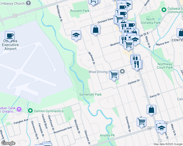 map of restaurants, bars, coffee shops, grocery stores, and more near 983 Wyldewood Drive in Oshawa