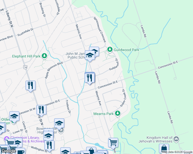 map of restaurants, bars, coffee shops, grocery stores, and more near 94 Concession Street East in Bowmanville