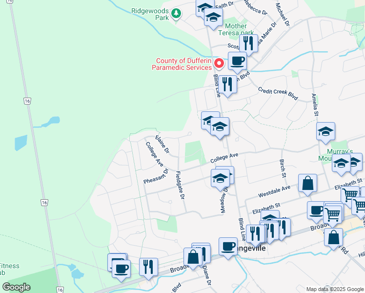 map of restaurants, bars, coffee shops, grocery stores, and more near 81 Fieldgate Drive in Orangeville