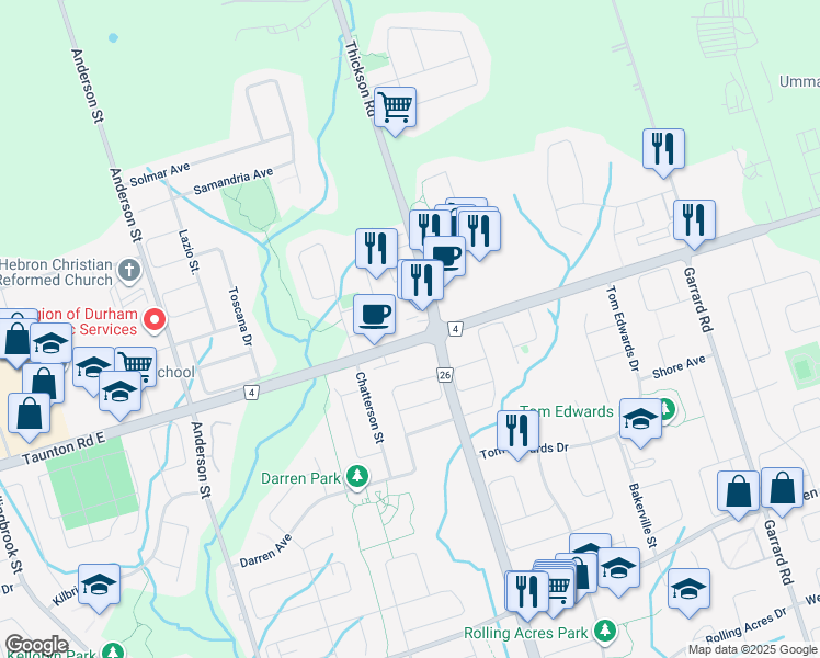 map of restaurants, bars, coffee shops, grocery stores, and more near 660 Taunton Road East in Whitby