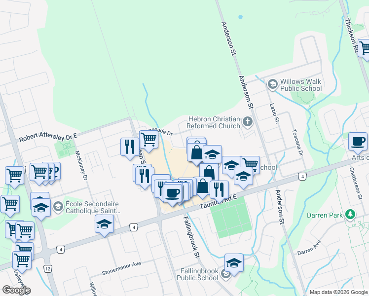 map of restaurants, bars, coffee shops, grocery stores, and more near Mantz Crescent in Whitby