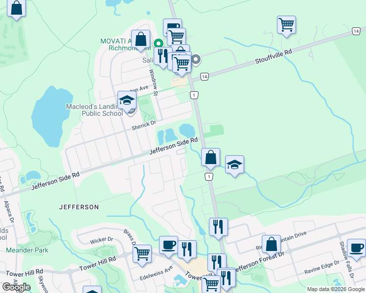 map of restaurants, bars, coffee shops, grocery stores, and more near 39 Jefferson Side Road in Richmond Hill