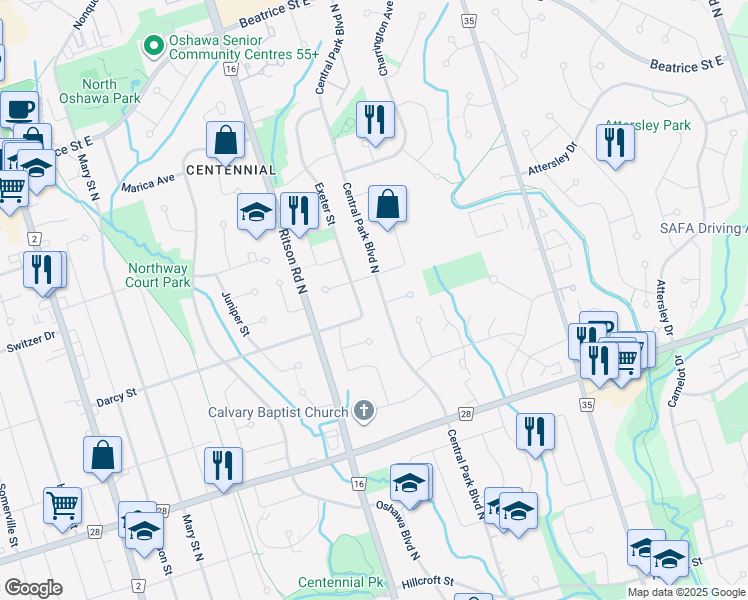 map of restaurants, bars, coffee shops, grocery stores, and more near 297 Darcy Street in Oshawa
