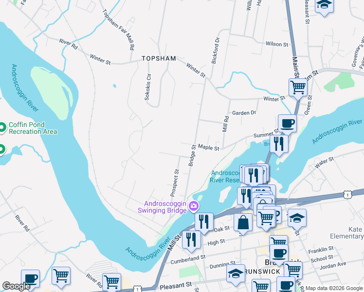 map of restaurants, bars, coffee shops, grocery stores, and more near 43 Bridge Street in Topsham