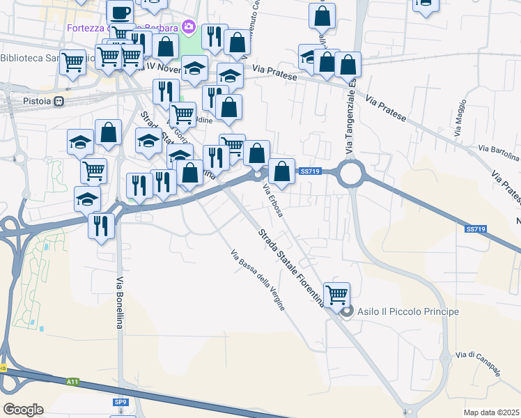 map of restaurants, bars, coffee shops, grocery stores, and more near 115 Strada Statale Fiorentina in Pistoia